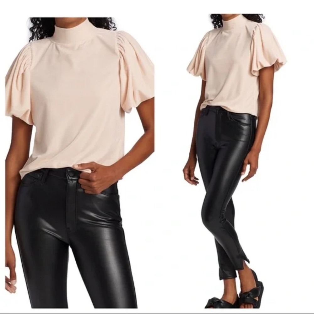 Free People High-Neck Puff Sleeve Top in Blush Champagne